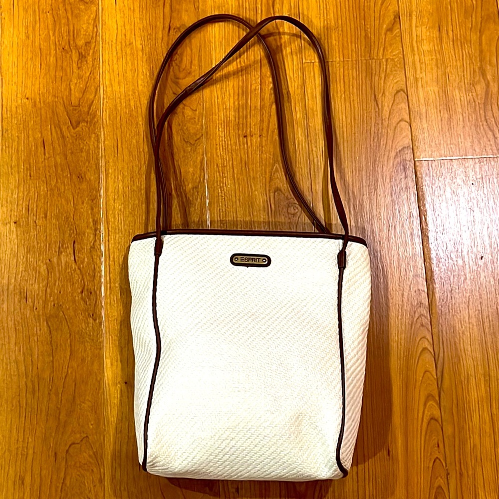 Vintage NWOT Esprit Cream Weave Brown Vegan Leather Trimmed Tote Bag - Medium